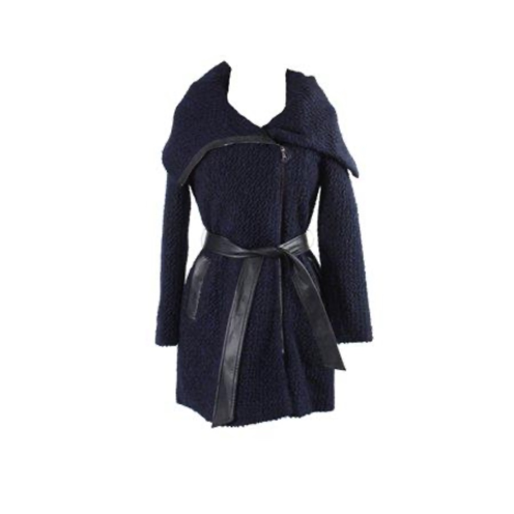 Cole Haan Signature Boucle Coat Navy Blue w/Black Faux Leather trim/belt, Size 4